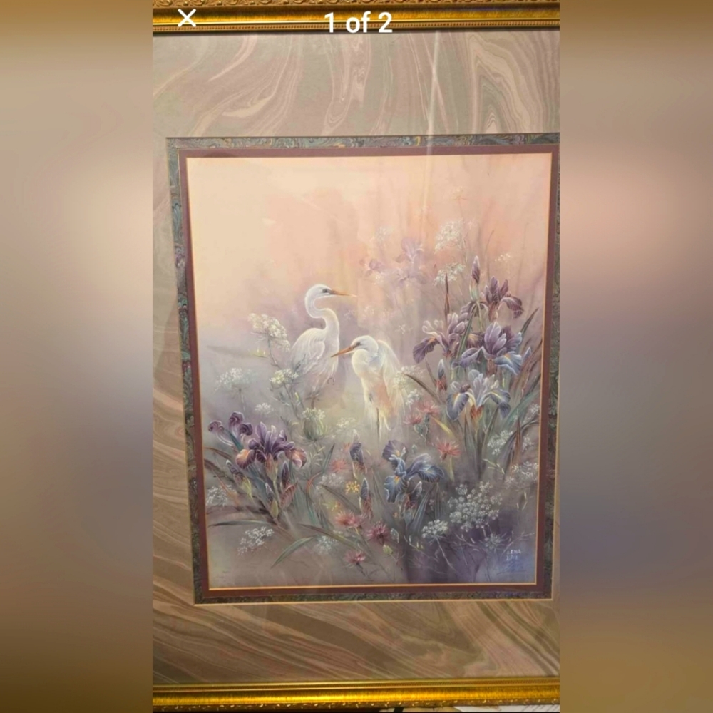 Limited Edition framed artwork signed Lena Liu print Cranes w/flowers #1862/2500